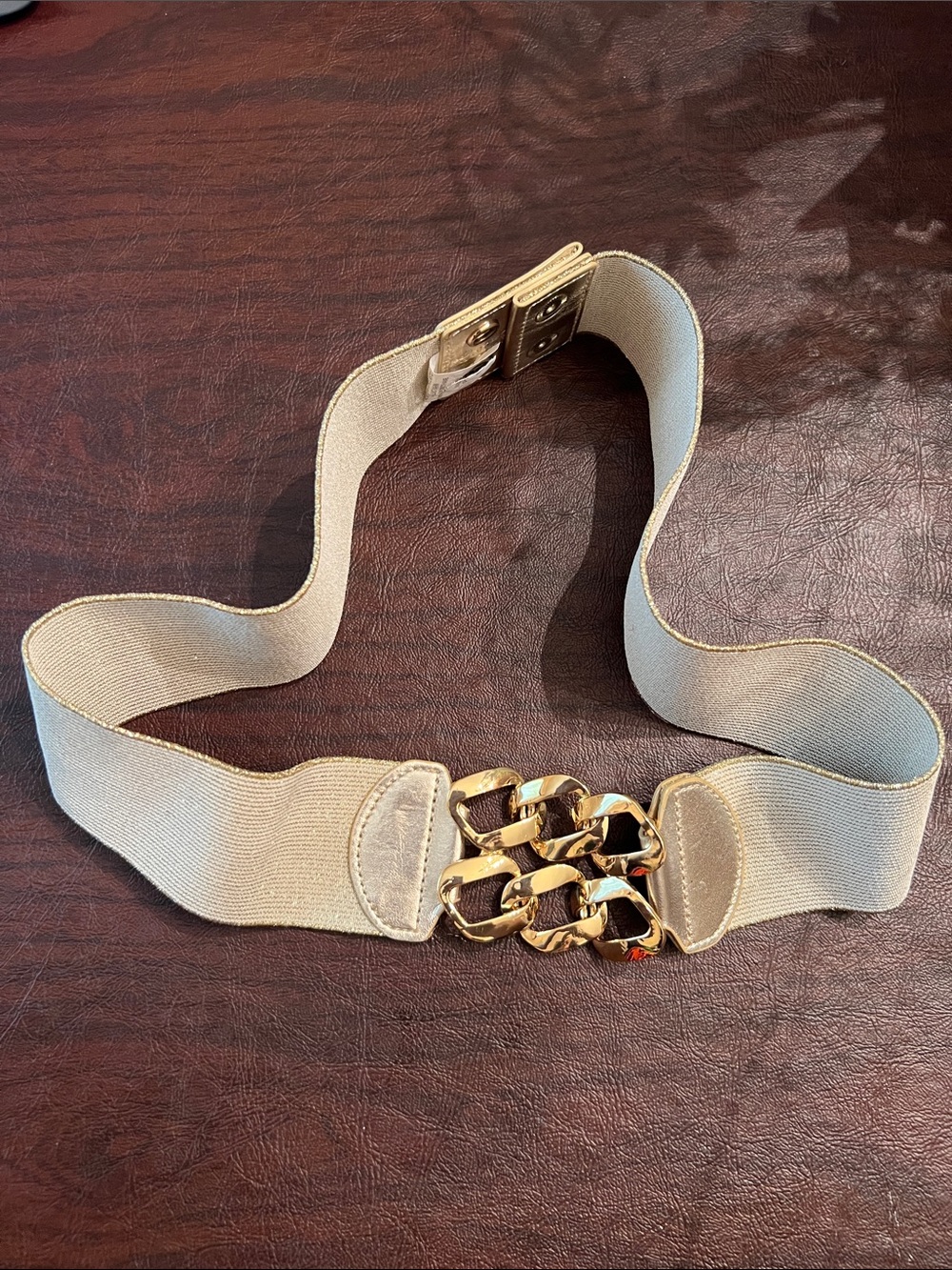 Beige Elastic Waist Belt with Gold Chain Accent